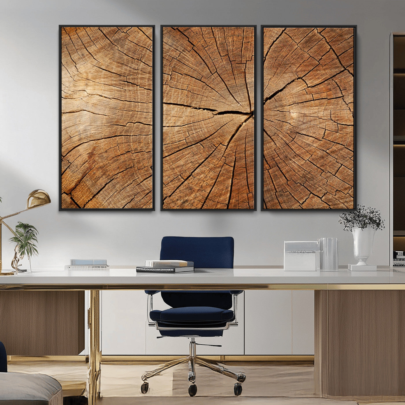 MGV-FC-48X32-3P - Tree Ring Canvas Art, Rustic Wood Grain Wall Art, Tree Slice Decor for Modern Homes, Giclee Multi-Panel Print, Tree Ring Wall Art Set