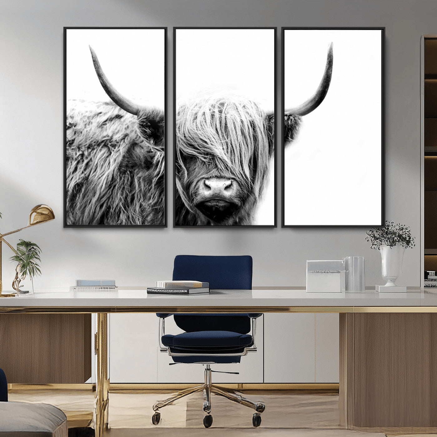 MGV-FC-48X32-3P - Black White Scottish Highland Cow Cattle Art Print Farmhouse Wall Art Canvas Print