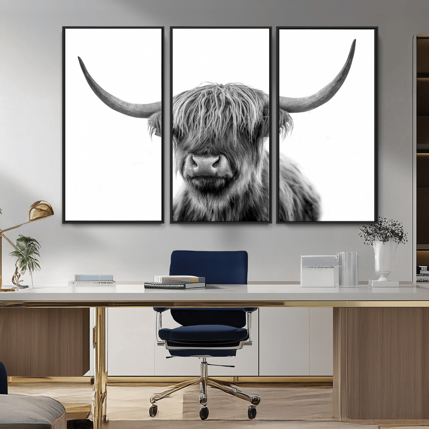 MGV-FC-48X32-3P - Grayscale Scottish Highland Cow Cattle Art Print Farmhouse Wall Art Canvas Print