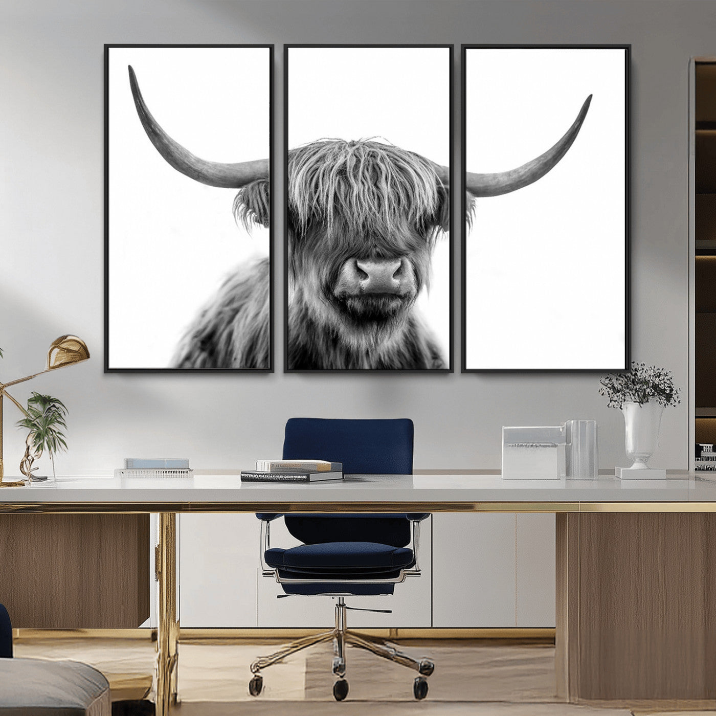 MGV-FC-48X32-3P - Scottish Highland Cow Cattle Art Print Wall Art Canvas Print for Farmhouse Decor, Framed Scottish