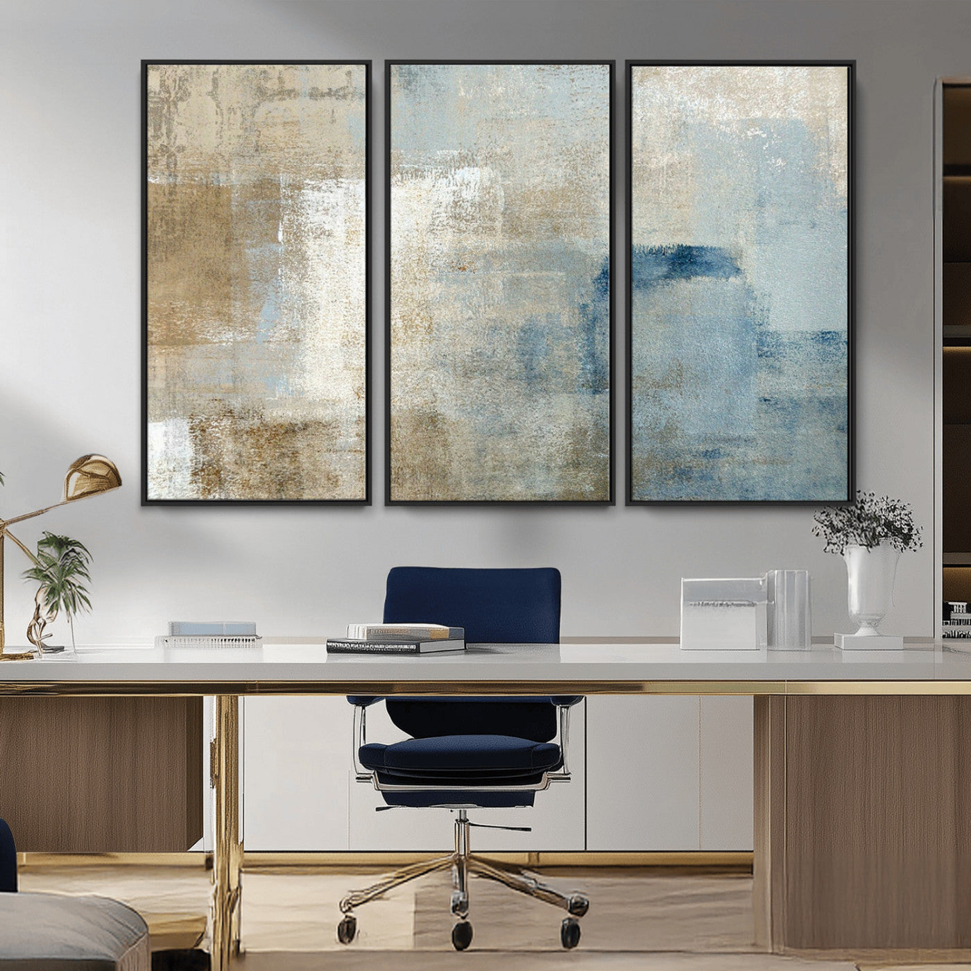 MGV-FC-48X32-3P - Abstract Blue and Beige Wall Art, Modern Minimalist Canvas Print Set, Giclee Textured Art, Large Multi-Panel Artwork for Living Room