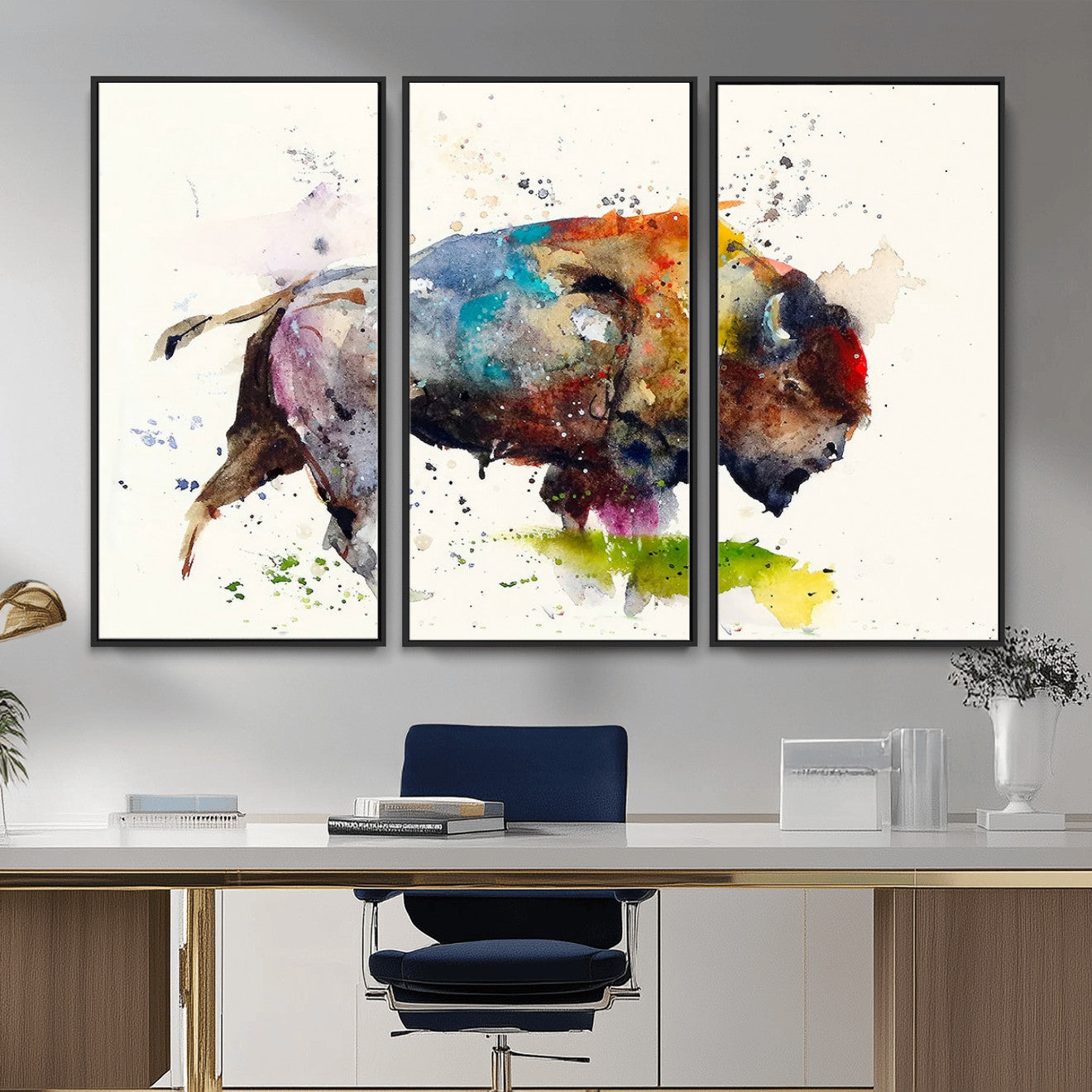 44504-MGV-CV-36X24 - Abstract Buffalo Wall Art, Western Watercolor Bison Canvas Print, Rustic Buffalo Art for Cowboy and