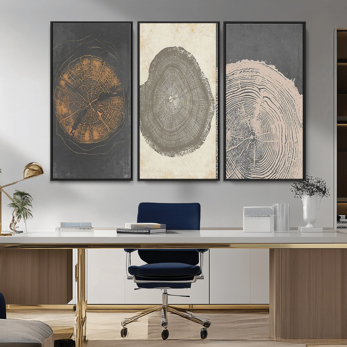 MGV-FC-48X32-3P - Boho Tree Ring Wall Art, Modern Minimalist Wood Grain Canvas, Tree Slice for Rustic Decor, Farmhouse Decor Giclee Canvas Print, Tree Ring Canvas Set