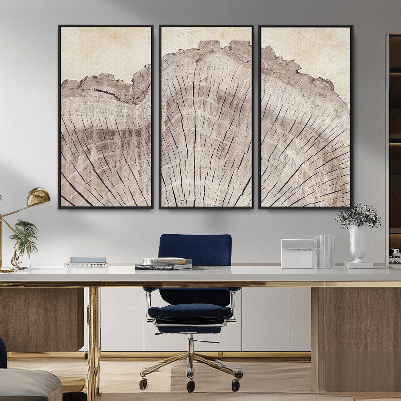MGV-FC-48X32-3P - Tree Ring Wall Art Triptych, Rustic Wood Ring Canvas Print, Minimalist Wall Decor for Modern Homes and Farmhouse Decor