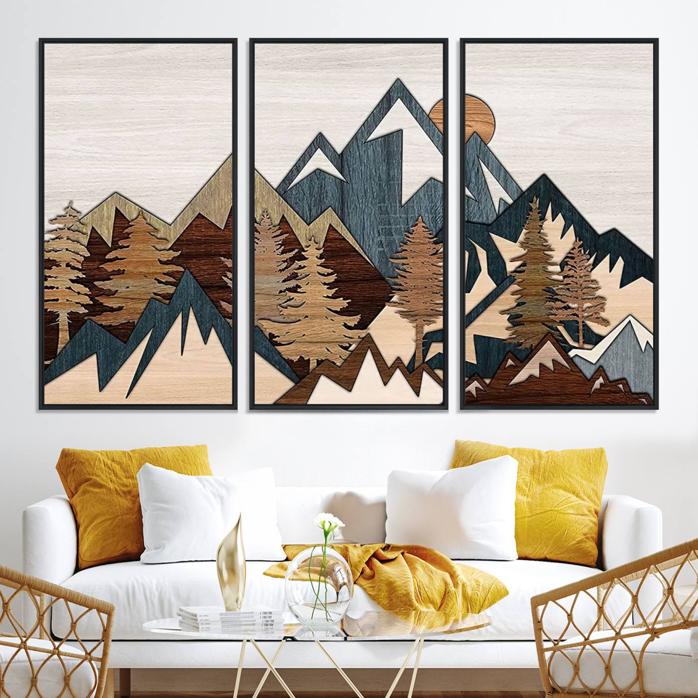 67950-MGV-CV-36X24-Rustic Abstract Wood Panel Effect Canvas Mountain Range Top Wood Wall Art Canvas Print