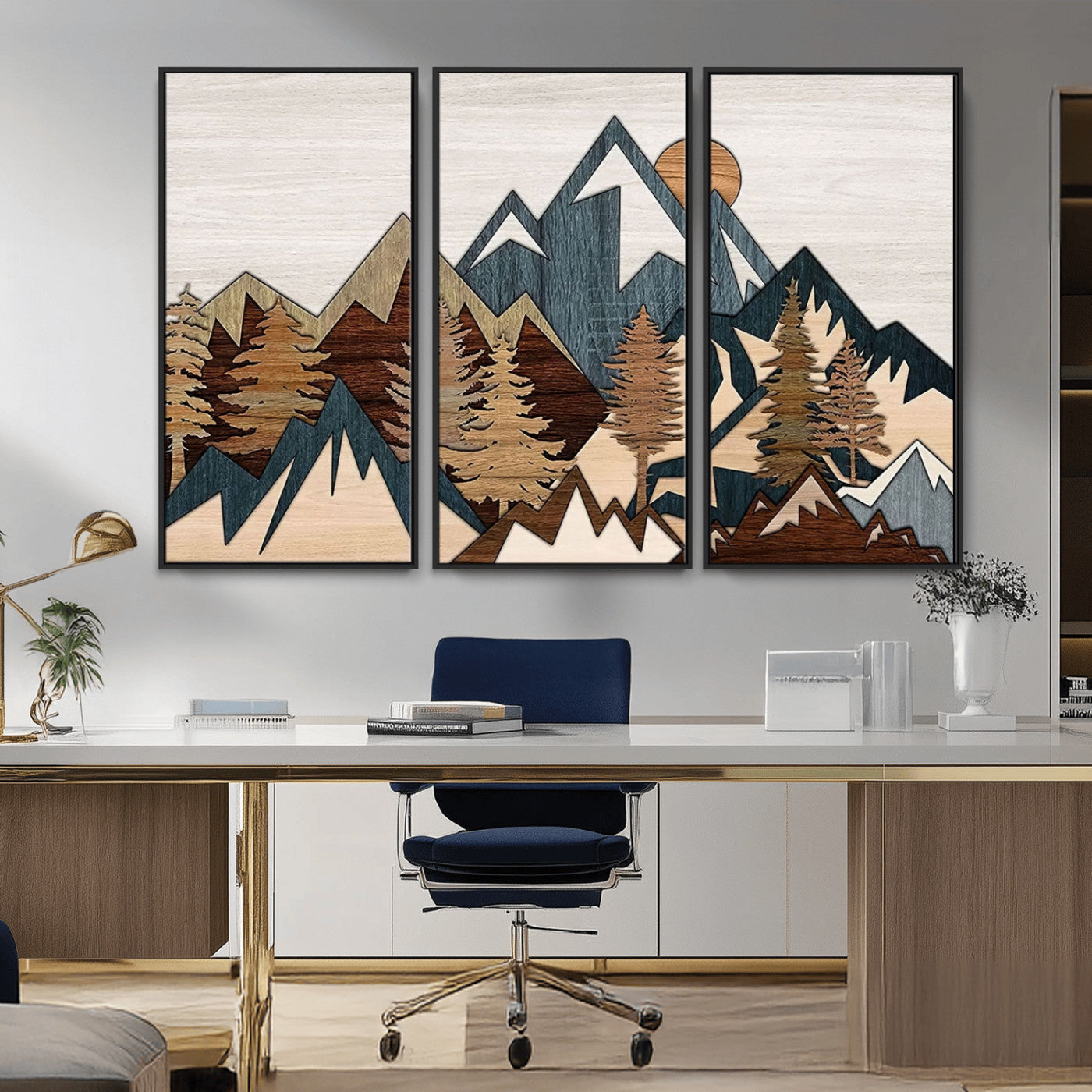MGV-FC-48X32-3P - Rustic Abstract Wood Panel Effect Canvas Mountain Range Top Wood Wall Art Canvas Print