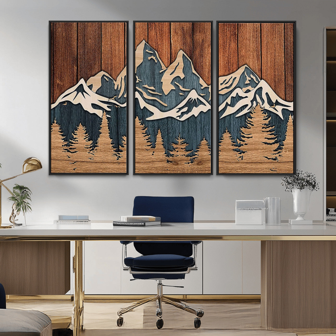 MGV-FC-48X32-3P - Rustic Wood Style Mountain Wall Art, Nature Forest Canvas Print, Wooden Textured Mountain Artwork, Handcrafted Landscape Decor for Farmhouse Decor