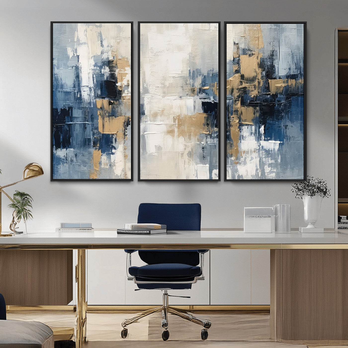 -Modern Abstract Canvas Wall Art in Blue and Gold Tones | Large Contemporary Art for Living Room,