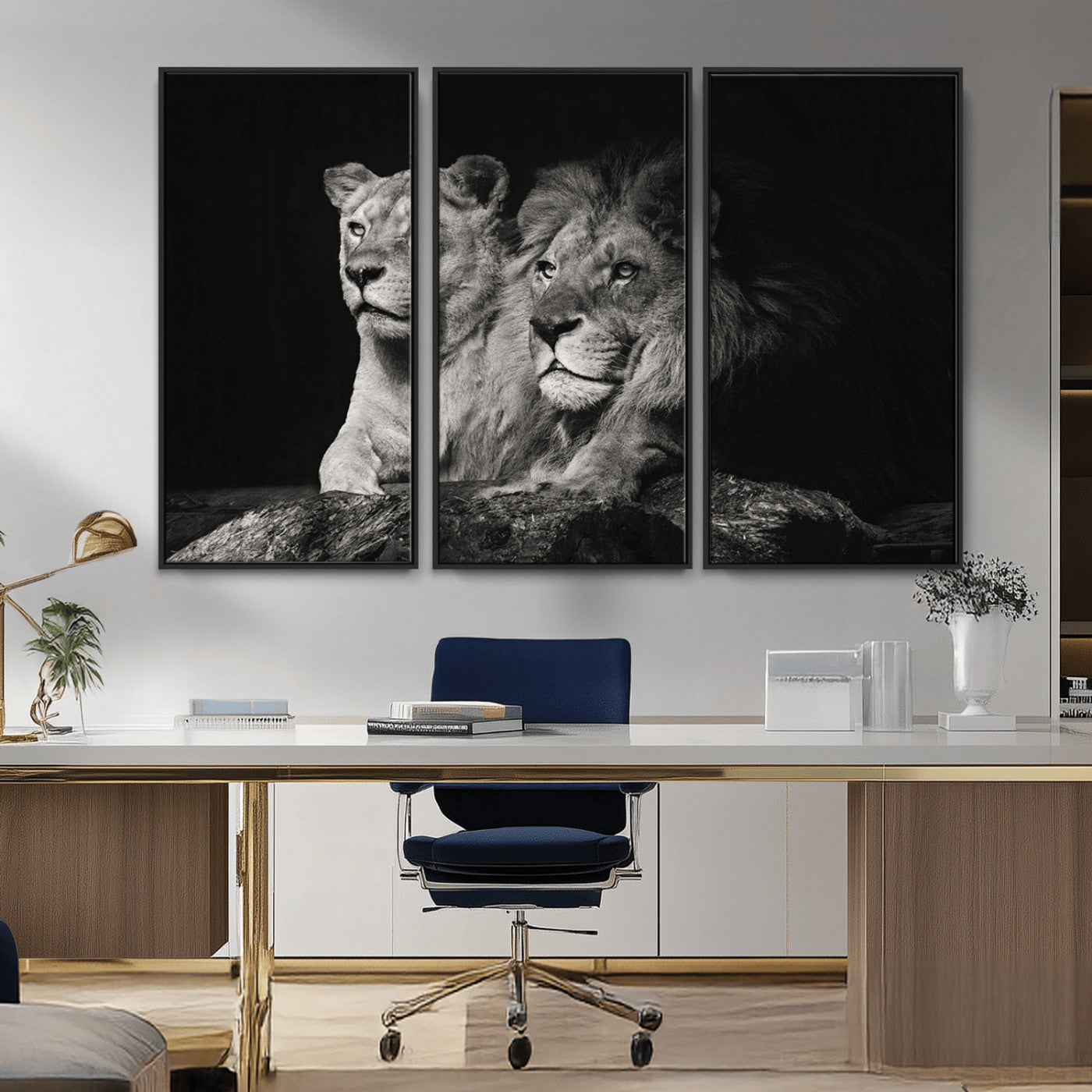 MGV-FC-48X32-3P - Lion Couple Canvas Wall Art Print – Elegant Wildlife Portrait in Black and White Lion Family – Ready to Hang