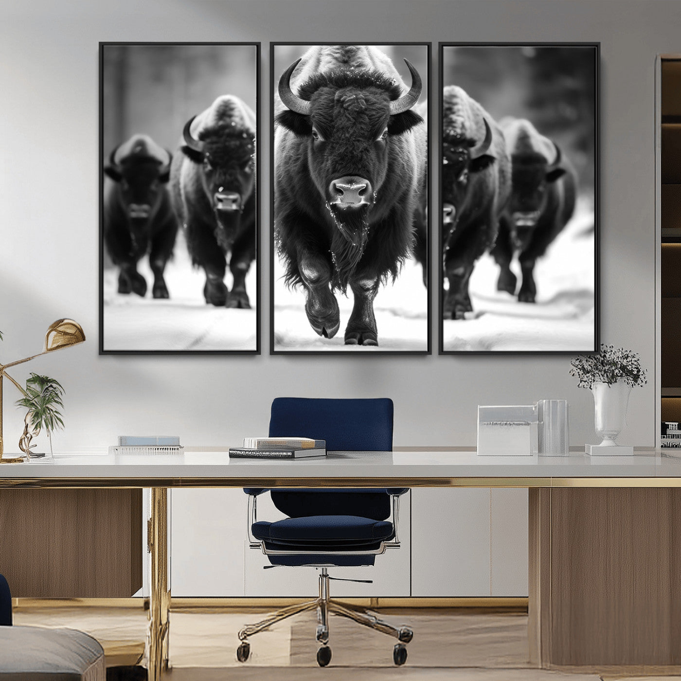 MGV-FC-48X32-3P - American Bison Art | Buffalo Herd Wall Art Canvas Print, BW American Bison Herd Wall Art Canvas Print