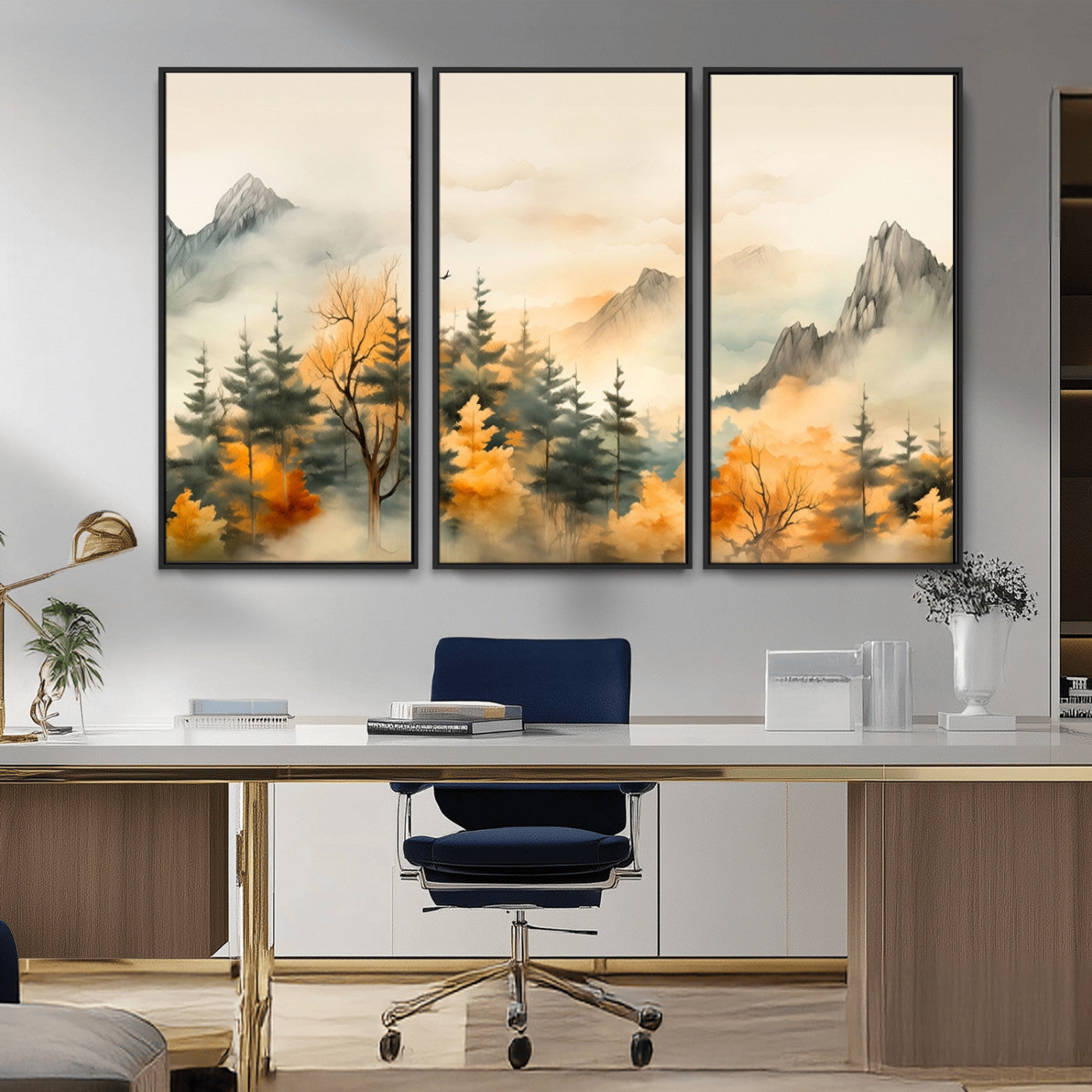 MGV-FC-48X32-3P - Abstract Watercolor Mountains and Trees Autumn Art, Watercolor Mountains and Trees Canvas Print