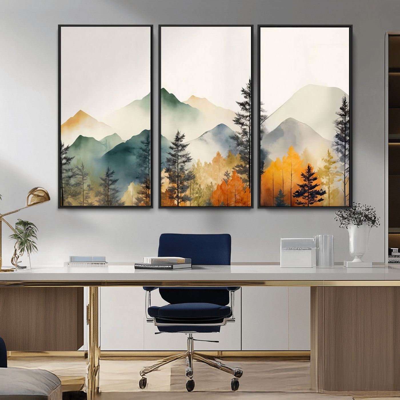 MGV-FC-48X32-3P - Abstract Watercolor Mountains and Trees Autumn Wall Art, Mountains and Trees Autumn Wall Art Canvas