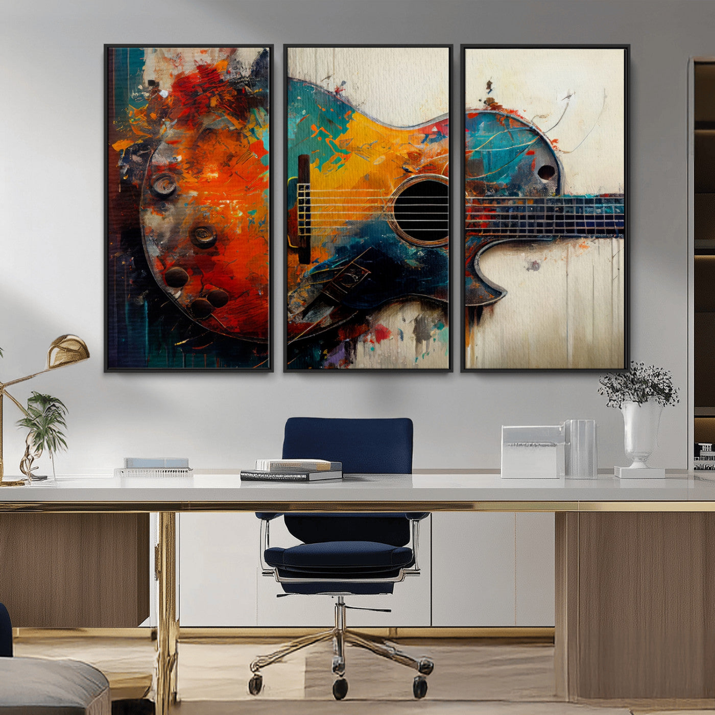 MGV-FC-48X32-3P - Abstract Guitar Wall Art Canvas | Vibrant Music-Inspired Art for Living Room or Studio | Colorful Music Decor Canvas Print