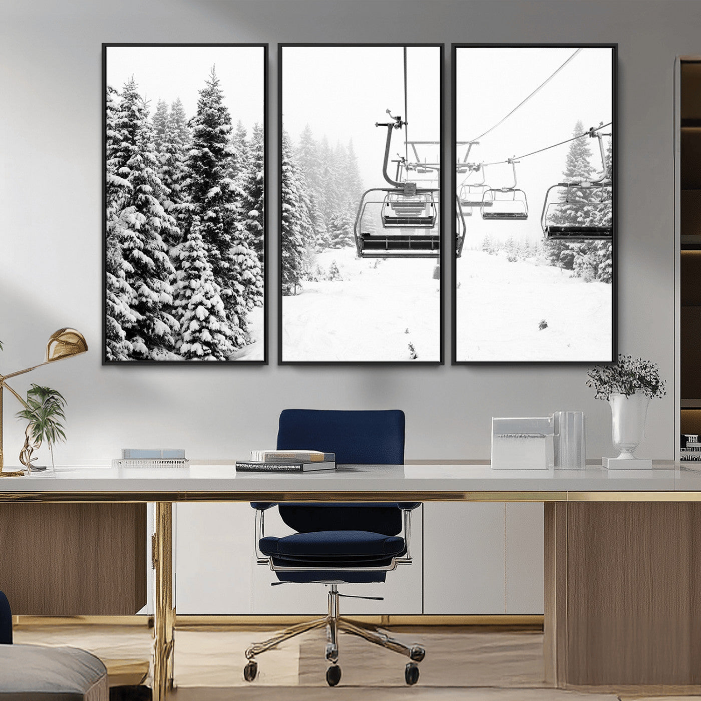 MGV-FC-48X32-3P - Ski Wall Art - Ski Lift Wall Art Canvas Print Snow Covered Spruce Trees Winter Wall Art Ski Skier Gift Ski Resort Canvas Wall Art
