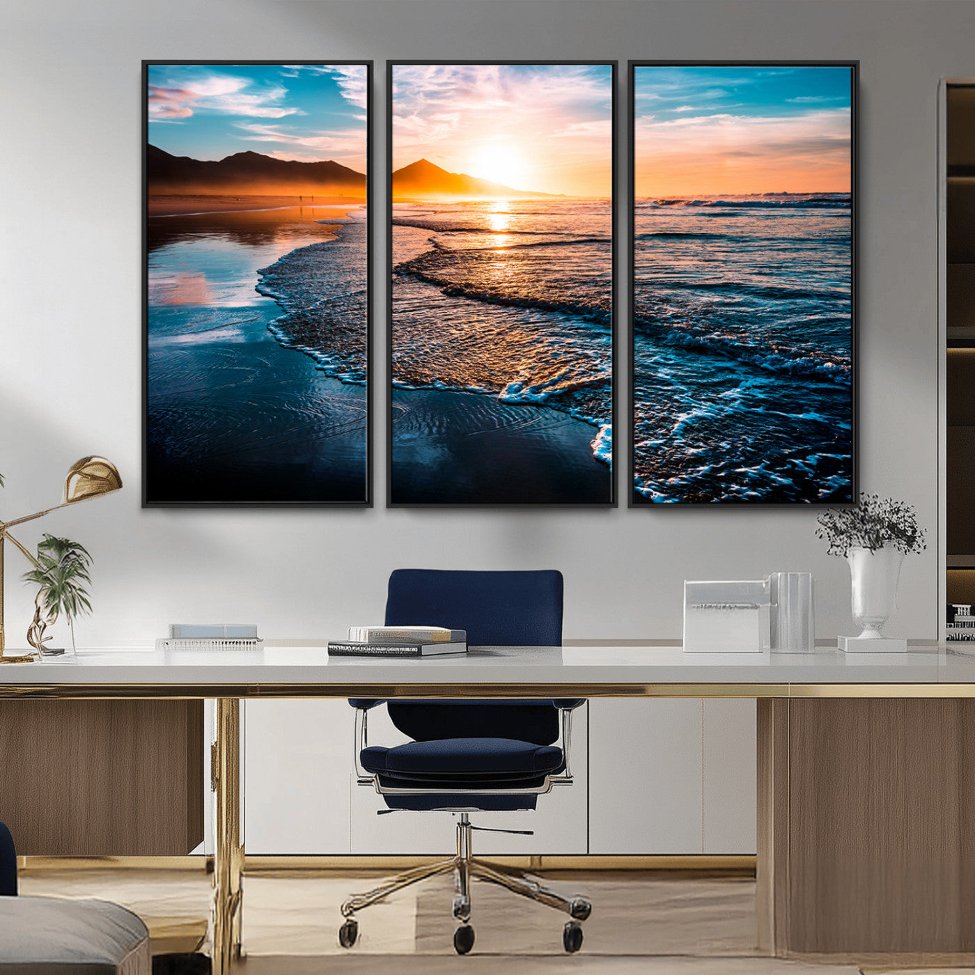 MGV-FC-48X32-3P - Beach Ocean Sunset on the Sea Wall Art Canvas, Beach Ocean Sunset Canvas Print