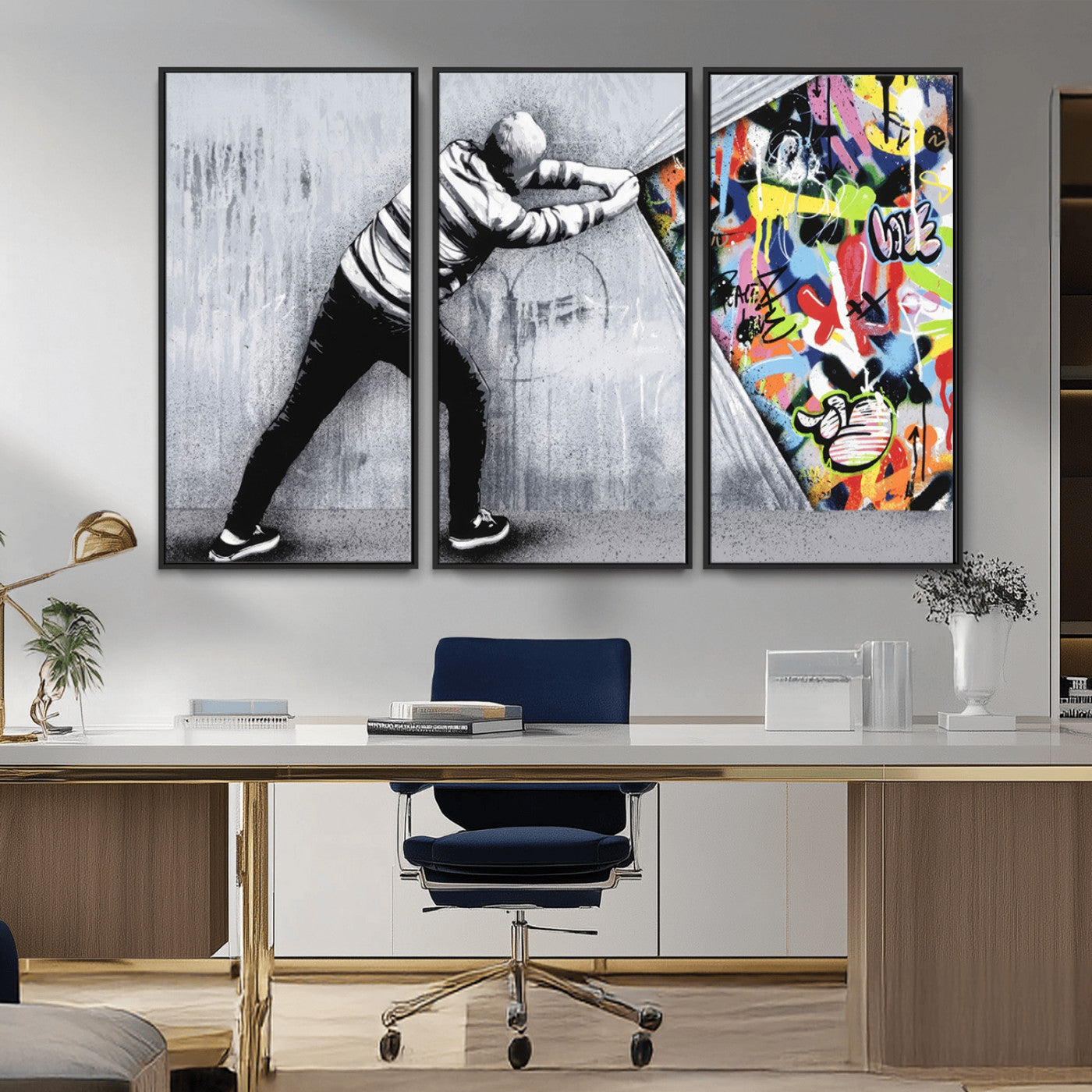 MGV-FC-48X32-3P - Banksy Art Behind the Curtain Street Wall Art Canvas Print | 3-Panel Urban Graffiti-Inspired Wall Art for Living Room or Office