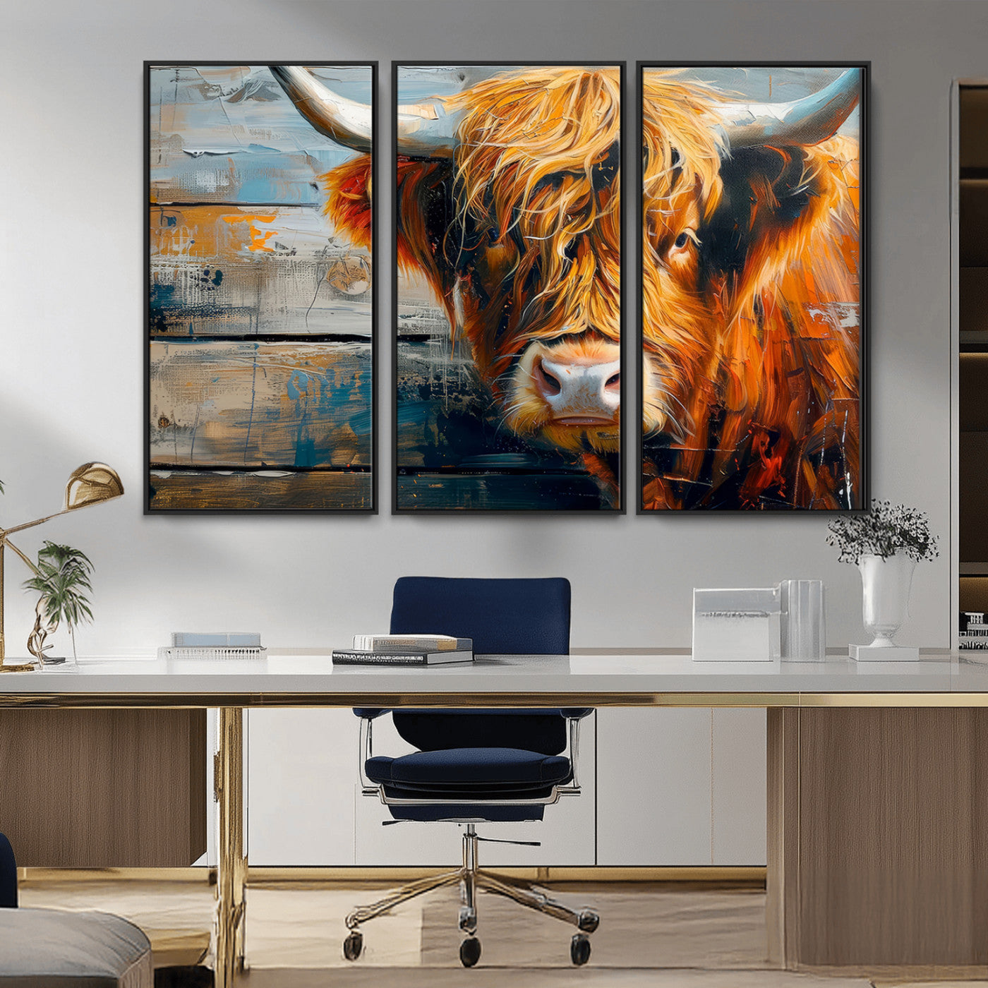 -Highland Cow Abstract Canvas Wall Art – Bold Farmhouse Rustic Decor – Ready to Hang