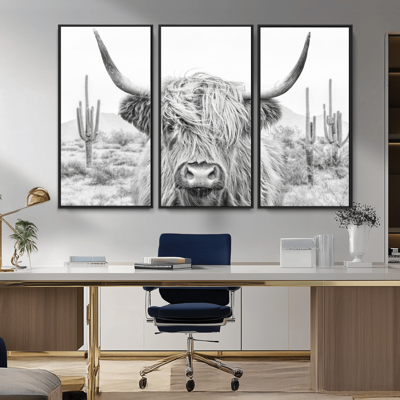 94579-MGV-FC-48X32-3P_Black-Rustic Charm | Cow Longhorn Black White Bighorn Wall Art Canvas Print | Farmhouse Wall Art