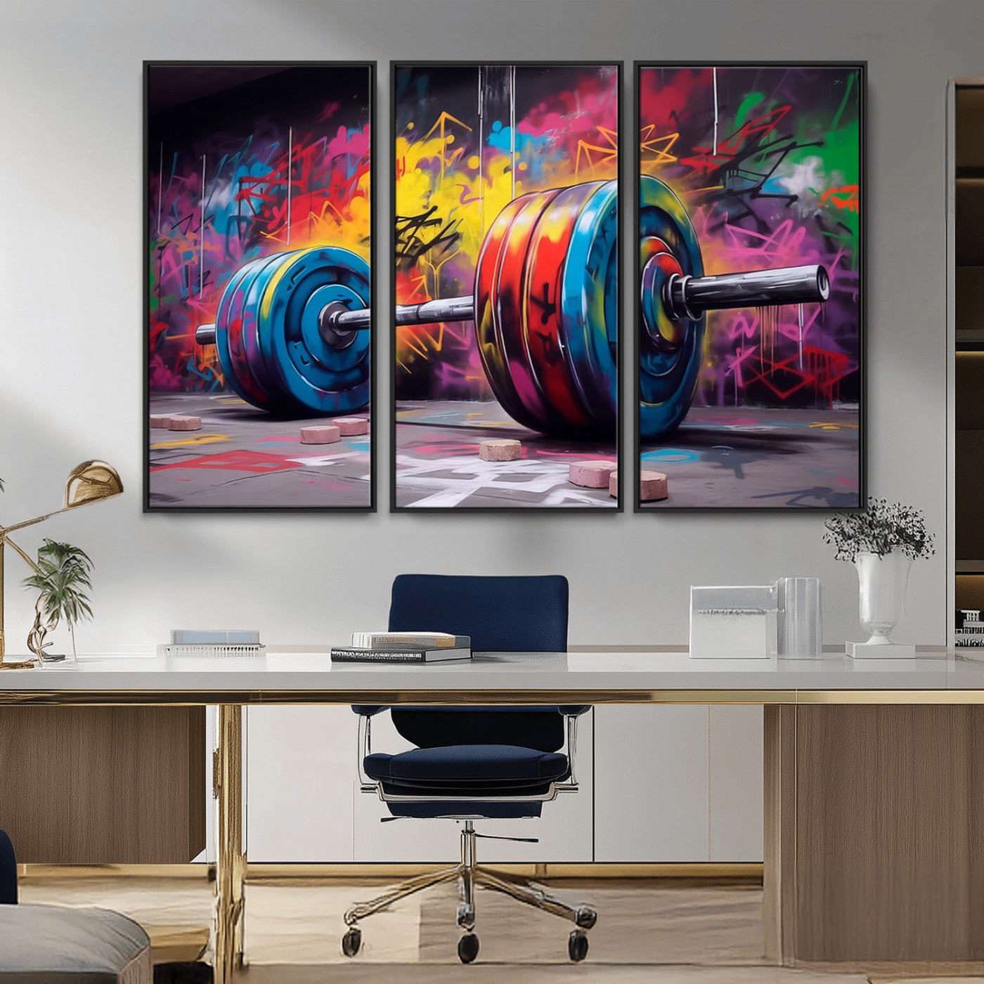 MGV-FC-48X32-3P - Abstract Graffiti Barbell Canvas Wall Art – Urban Fitness Meets Bold Street Art Print - Gym Wall Art Print