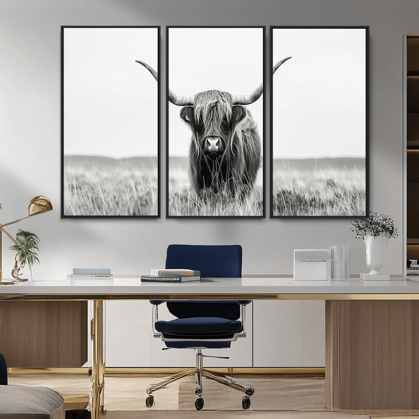 MGV-FC-48X32-3P - Highland Cow Canvas Wall Art – Majestic Beauty in Black and White – Ready to Hang