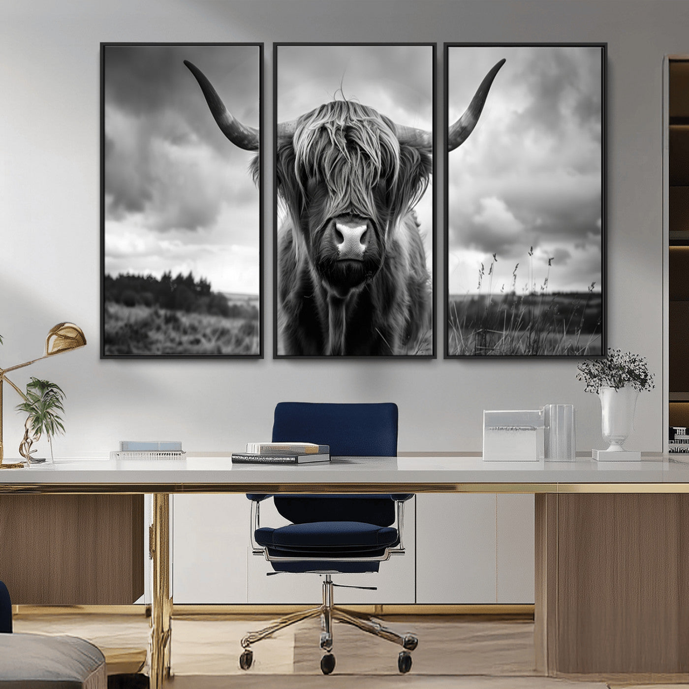 MGV-FC-48X32-3P - Scottish Cow Wall Art Canvas Print | Longhorn Wall Art | Bighorn Animal Wall Art