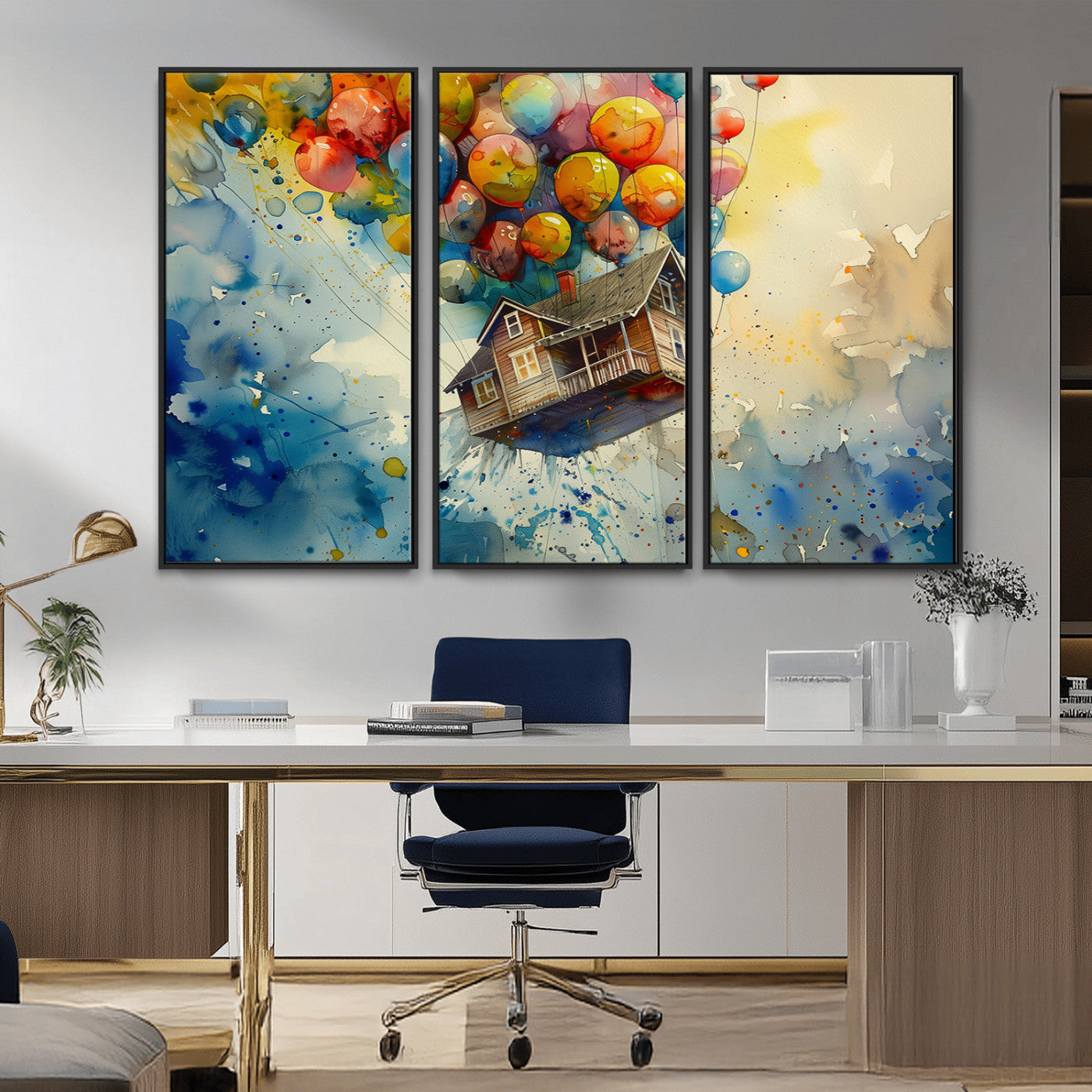 MGV-FC-48X32-3P - UP-Inspired Floating House with Balloons Canvas Art – Colorful 3-Panel Wall Decor for Living Room,