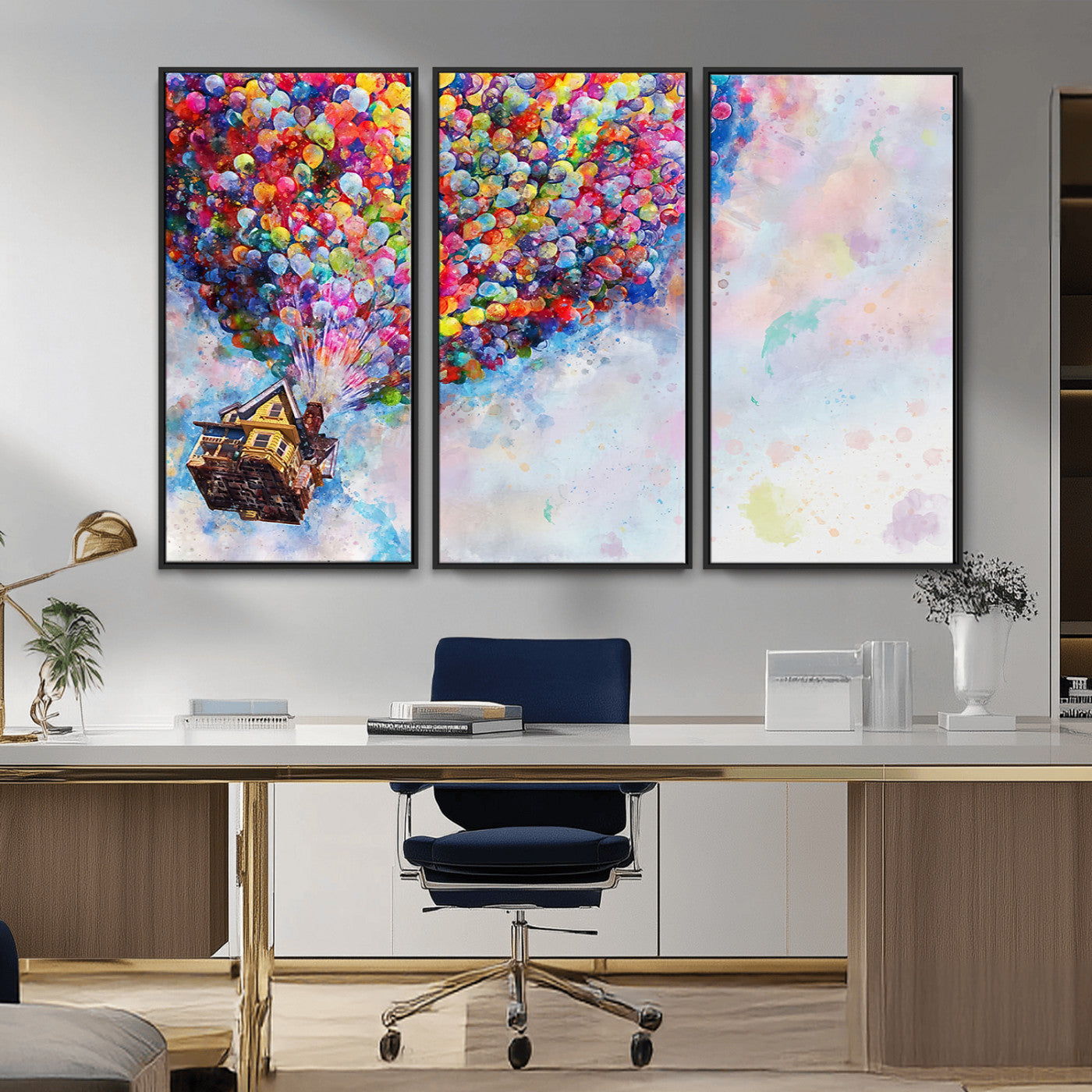 MGV-FC-48X32-3P - Don't Look Up Movie Canvas Wall Art - Vibrant Floating House and Balloons Scene, Tribute to Iconic