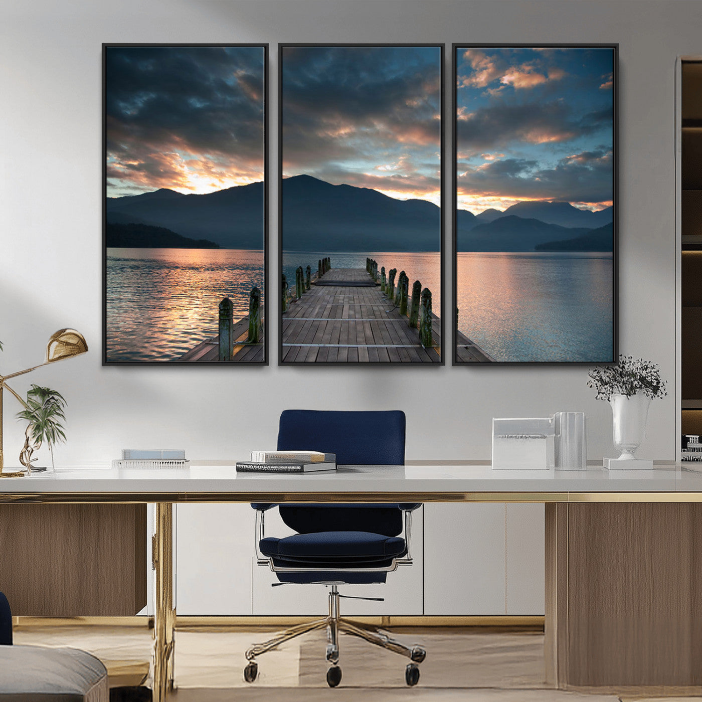 MGV-FC-48X32-3P - Mountain Lake Wood Pier Canvas Wall Art Nature Lake Print