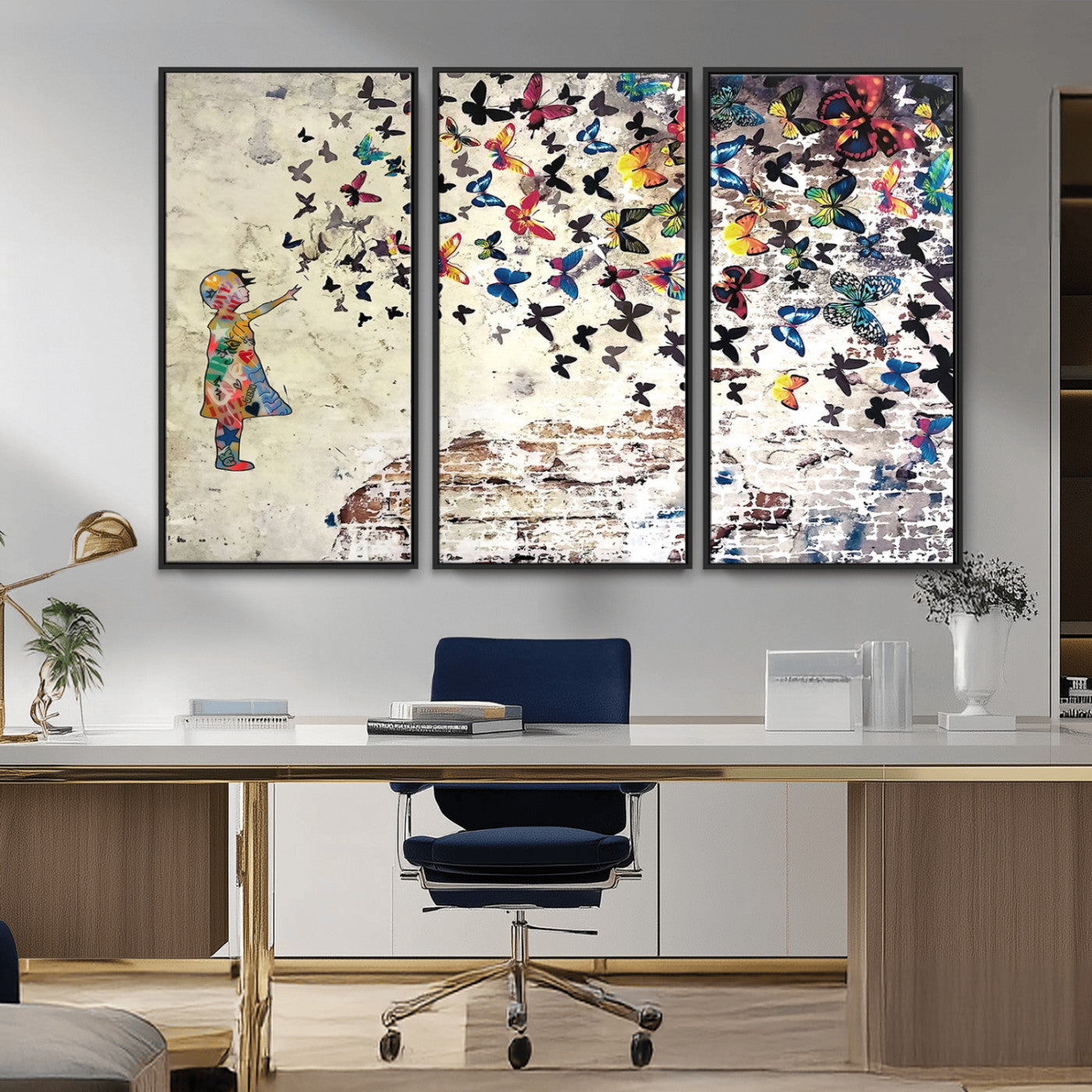 MGV-FC-48X32-3P - Banksy Wall Art - Banksy Girl Butterfly Graffiti Wall Art Canvas Print - Butterfly Girl and Freedom Flight - Vibrant Street Art Print