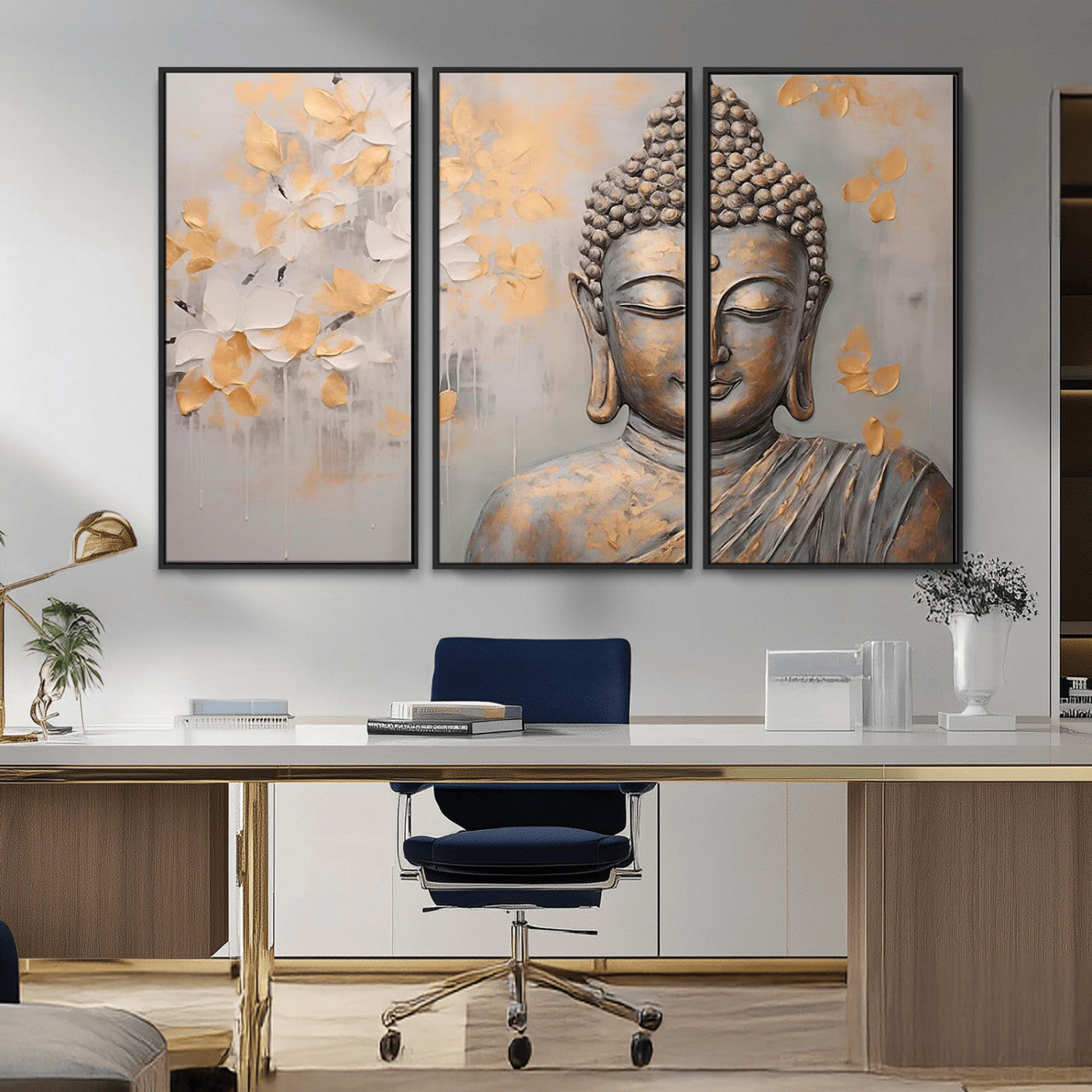 MGV-FC-48X32-3P - Abstract Buddha Statue Wall Art Canvas Print - Modern Meditation Decor for Living Room, Office, Yoga Studio Decor