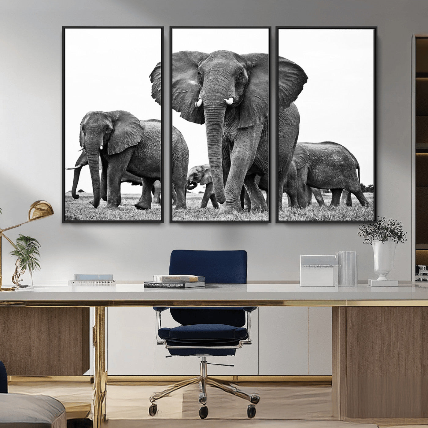 MGV-FC-48X32-3P - Black White Elephant Family Wall Art Canvas Print