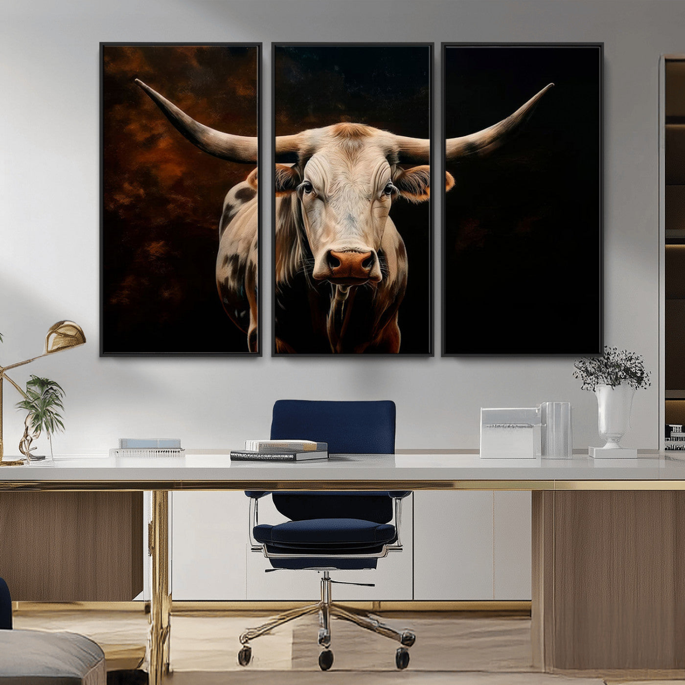 MGV-FC-48X32-3P - Texas Longhorn Wall Art | 3-Panel Large Texas Longhorn Canvas Print for Living Room, Office, or Farmhouse Decor | Framed Giclee Longhorn Wall Art