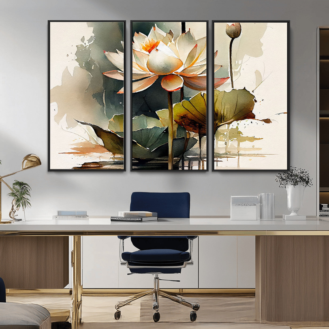 MGV-FC-48X32-3P - Lotus Flower Watercolor Canvas Print – A Symbol of Serenity and Growth, Captured in Soft Watercolors – Contemporary Wall Art for Tranquil Spaces