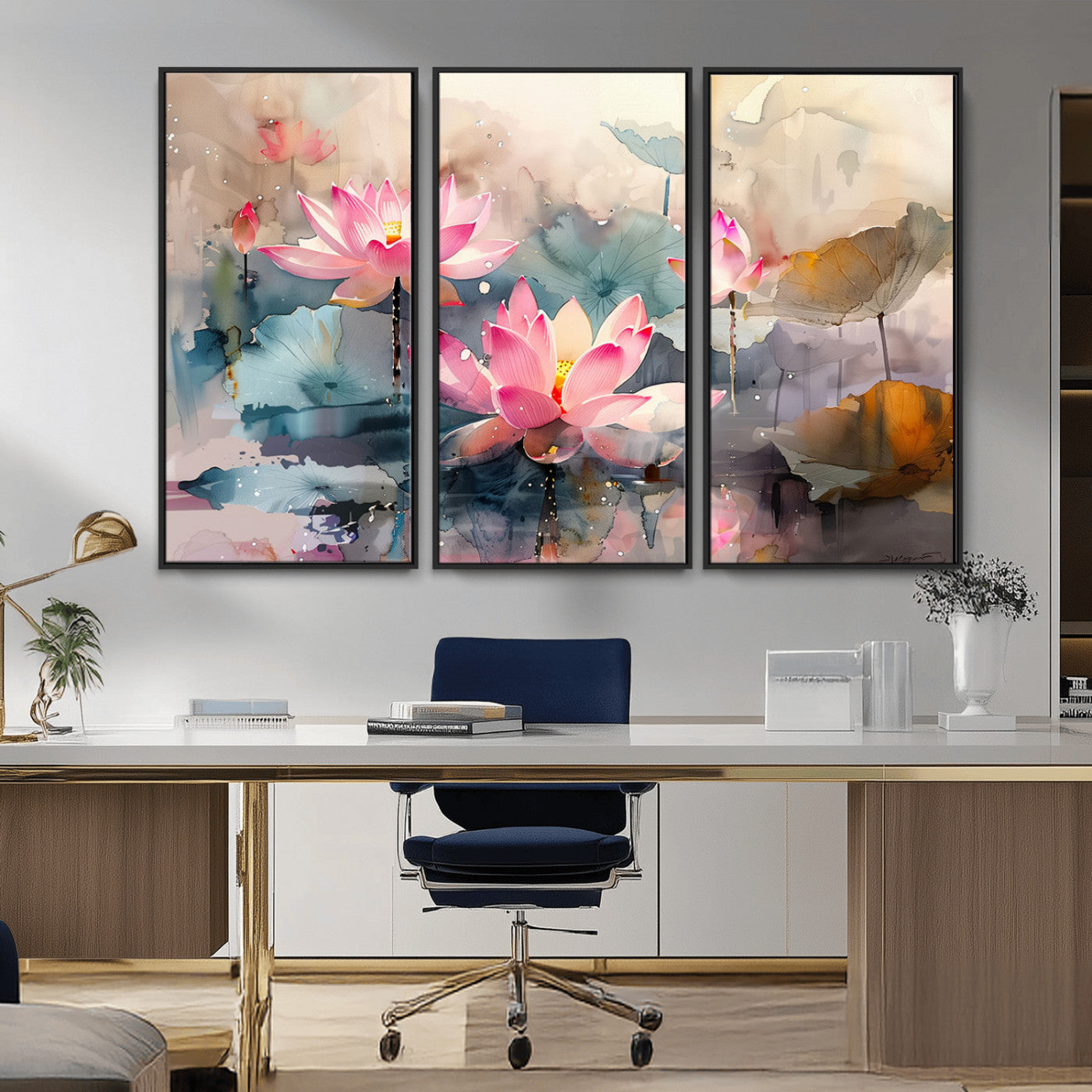MGV-FC-48X32-3P - Lotus Flower Wall Art | 3-Panel Giclee Canvas Print of Pink Lotus Blossoms for Living Room, Bedroom, Office | Framed Lotus Floral Wall Art Decor Print