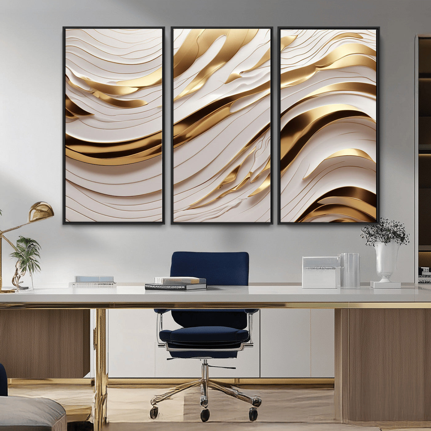 -Gold and White Abstract Wave Canvas – Elegant Flowing Design with Luxurious Golden Accents –
