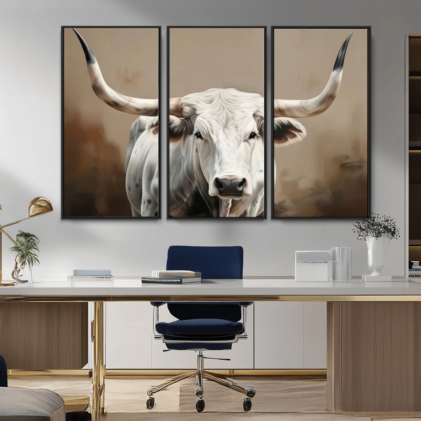 -White Longhorn Bull Wall Art Canvas Print – Framed and Ready to Hang – Perfect for Farmhouse and