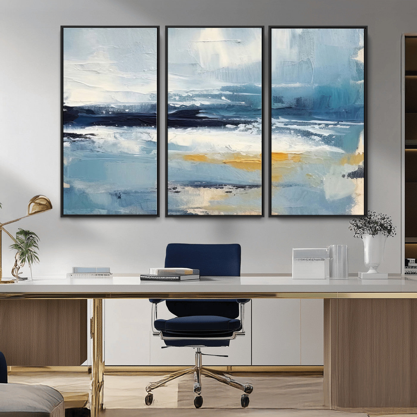 MGV-FC-48X32-3P - Abstract Ocean Canvas Wall Art - Coastal Blue and Gold Textured Painting, Modern Seascape Decor for Living Room Decor