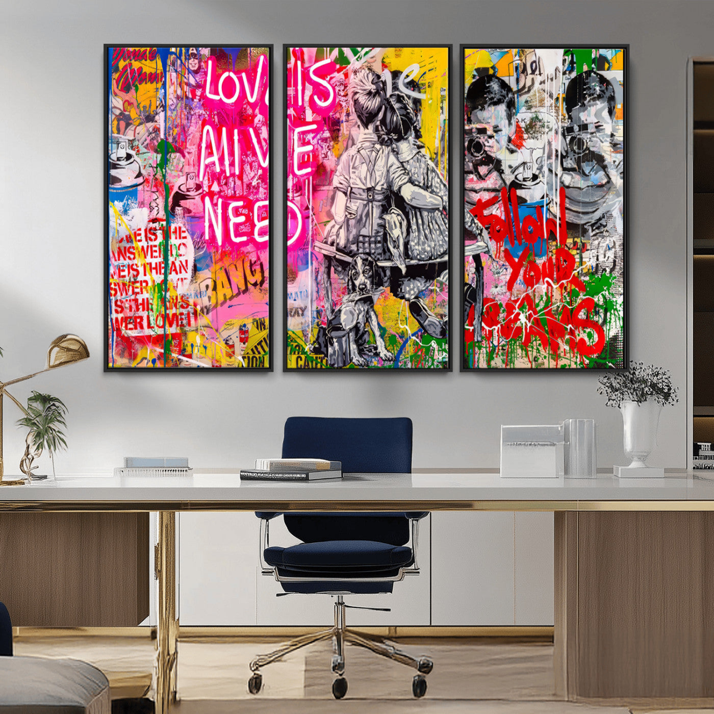 MGV-FC-48X32-3P - Follow Your Dreams & Love is All We Need Graffiti Street Art Triptych | 3-Panel Colorful Urban Wall Art for Living Room, Office, Loft Graffiti Wall Art Print