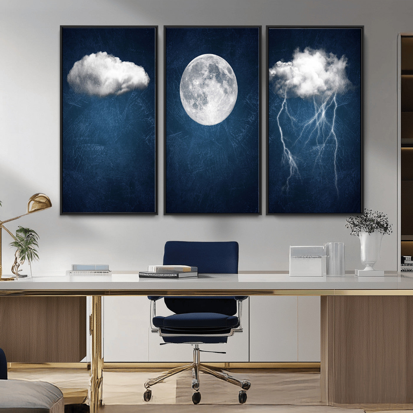 -Dark Blue Cloud Art, 3 Piece Indigo Blue Wall Art, Aesthetic Surreal Art, Thunderstorm Moon Cloud