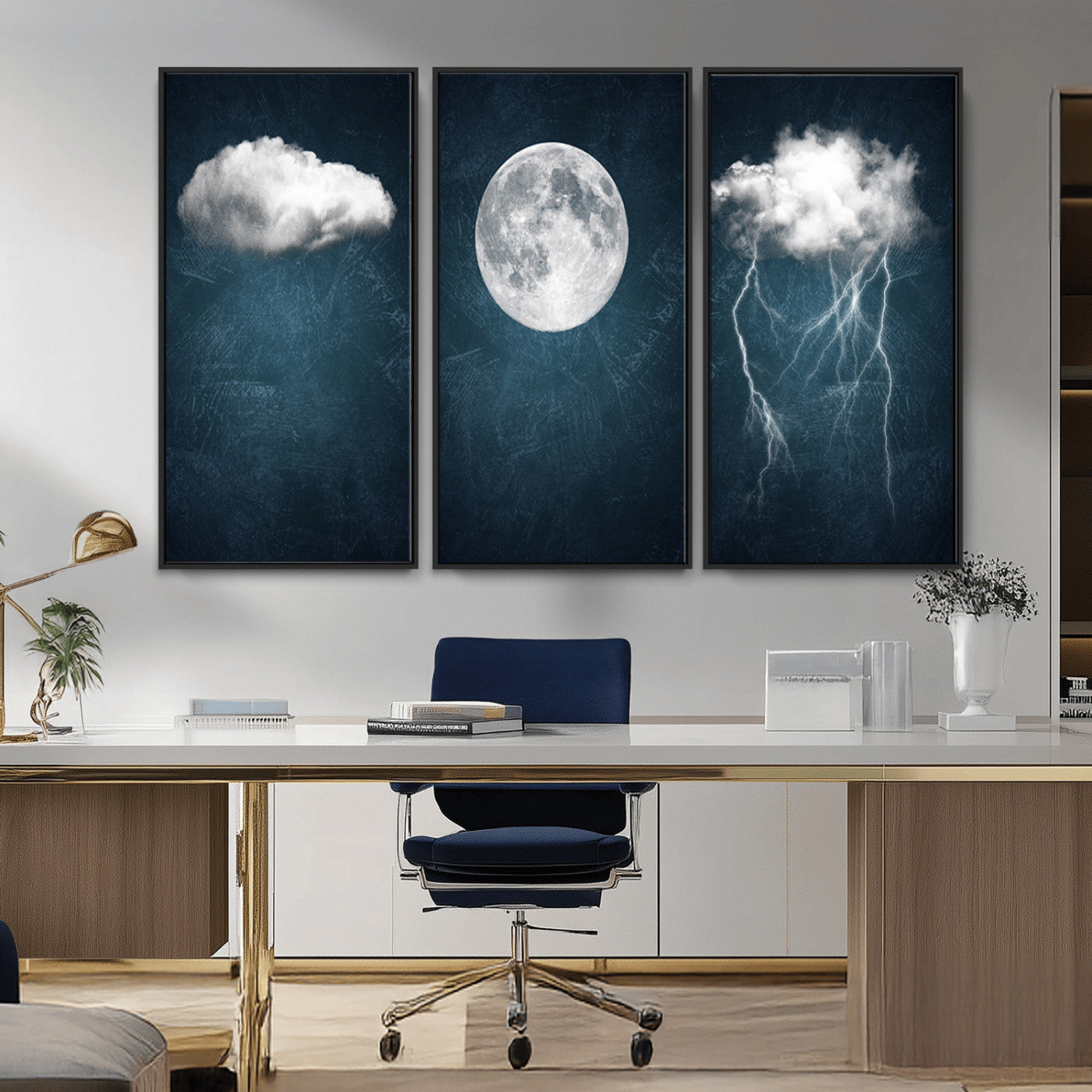 -3 Piece Indigo Cloud Wall Art, Thunderstorm Moon Cloud Artworks
