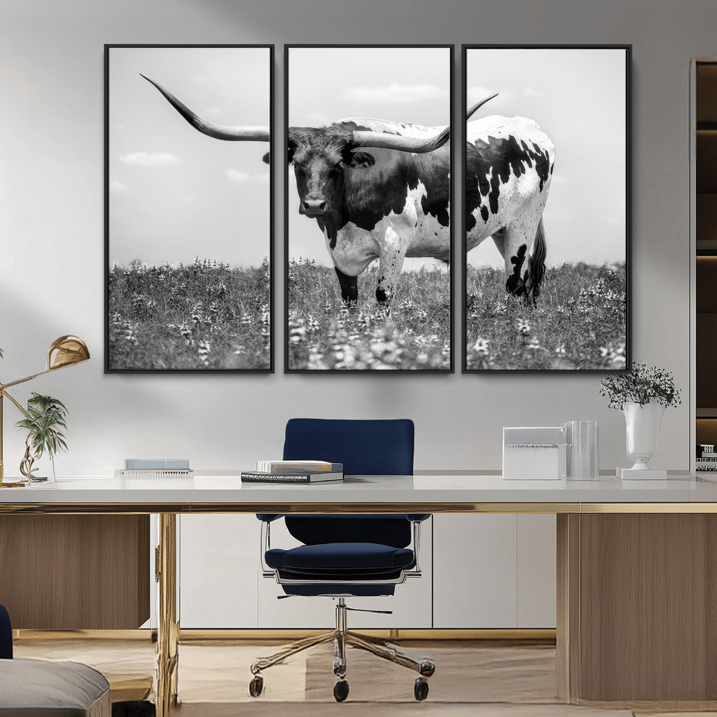 -Texas Black White Highland Longhorn Cow Wall Art Canvas Print