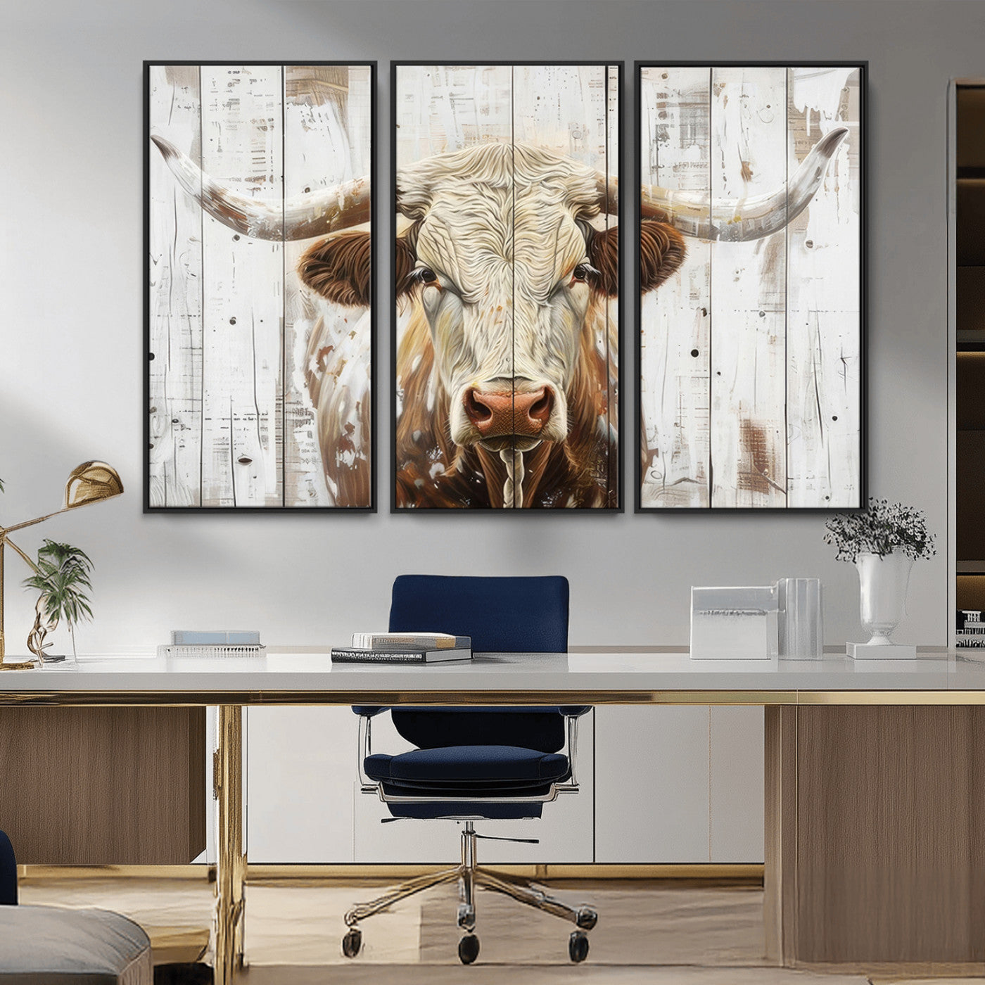 -Rustic Longhorn Bull Wall Art Canvas Set – Western-Inspired Farmhouse Décor - Ready to Hang