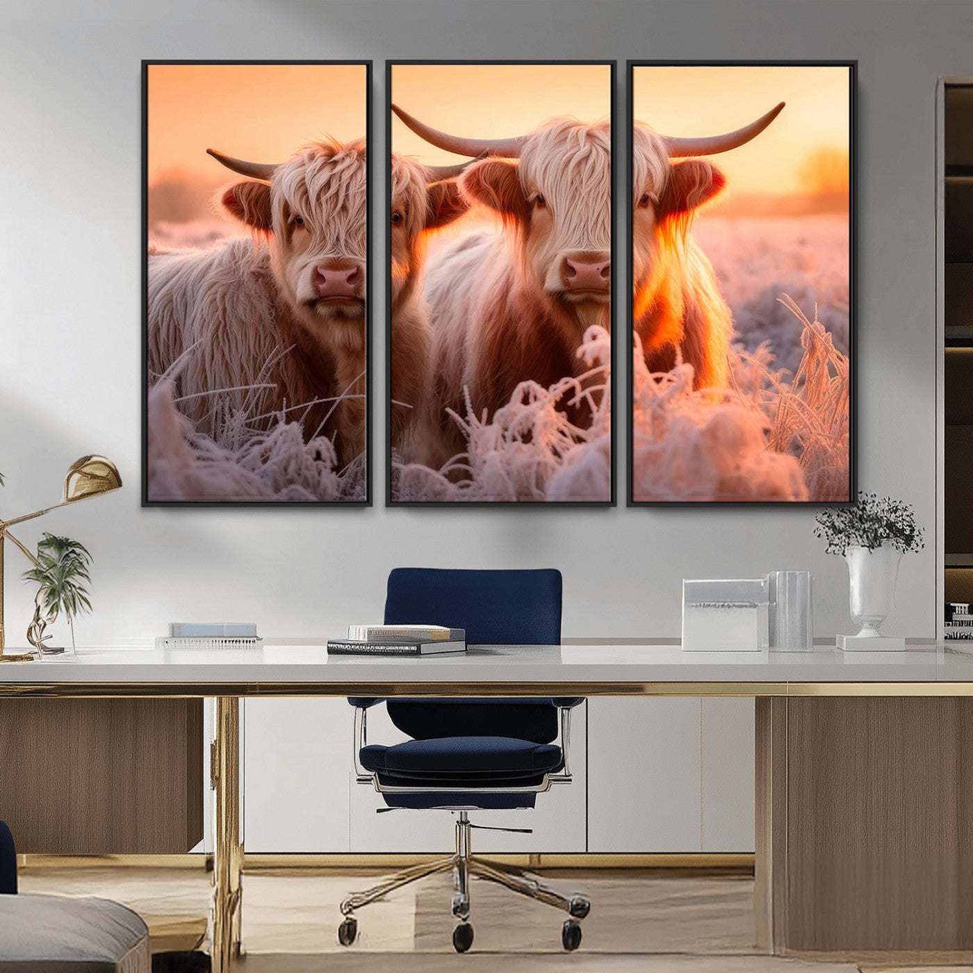 -Highland Cows at Sunrise Wall Art Canvas Set – Serene and Rustic Farmhouse Decor