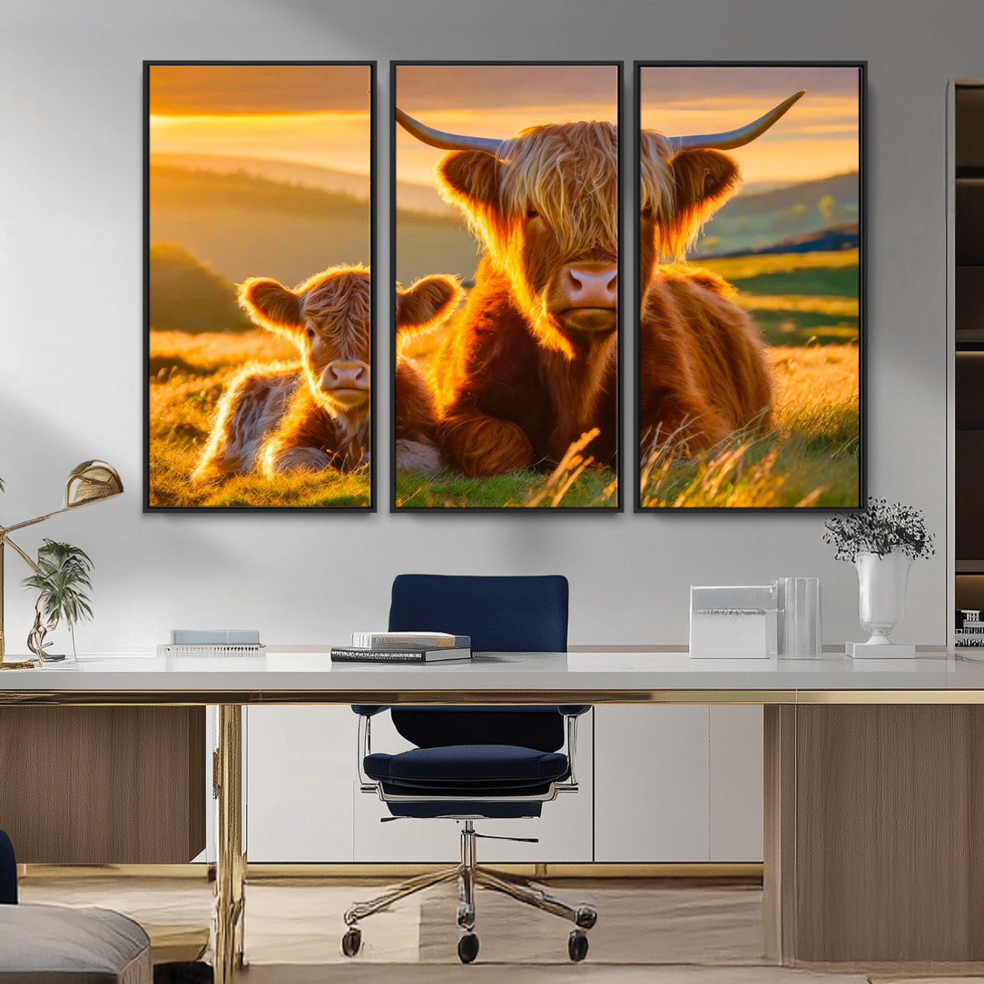 -Scottish Cow and Baby Cow Canvas Wall Art Animal Print Fluffy Cattle Framed Farmhouse Decor
