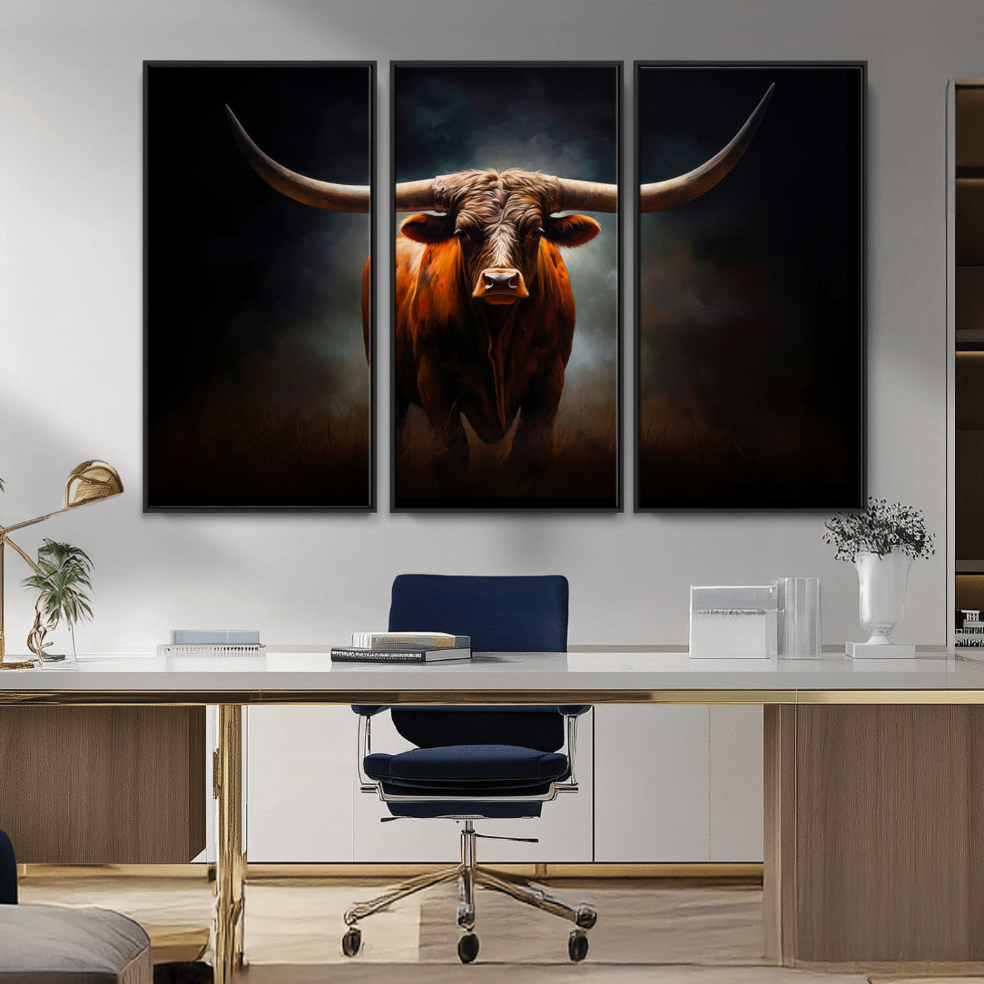 MGV-FC-48X32-3P - Abstract Texas Longhorn Wall Art Print | 3-Panel Large Texas Longhorn Canvas Print for Living Room, Office  Farmhouse Decor | Framed Longhorn Wall Art