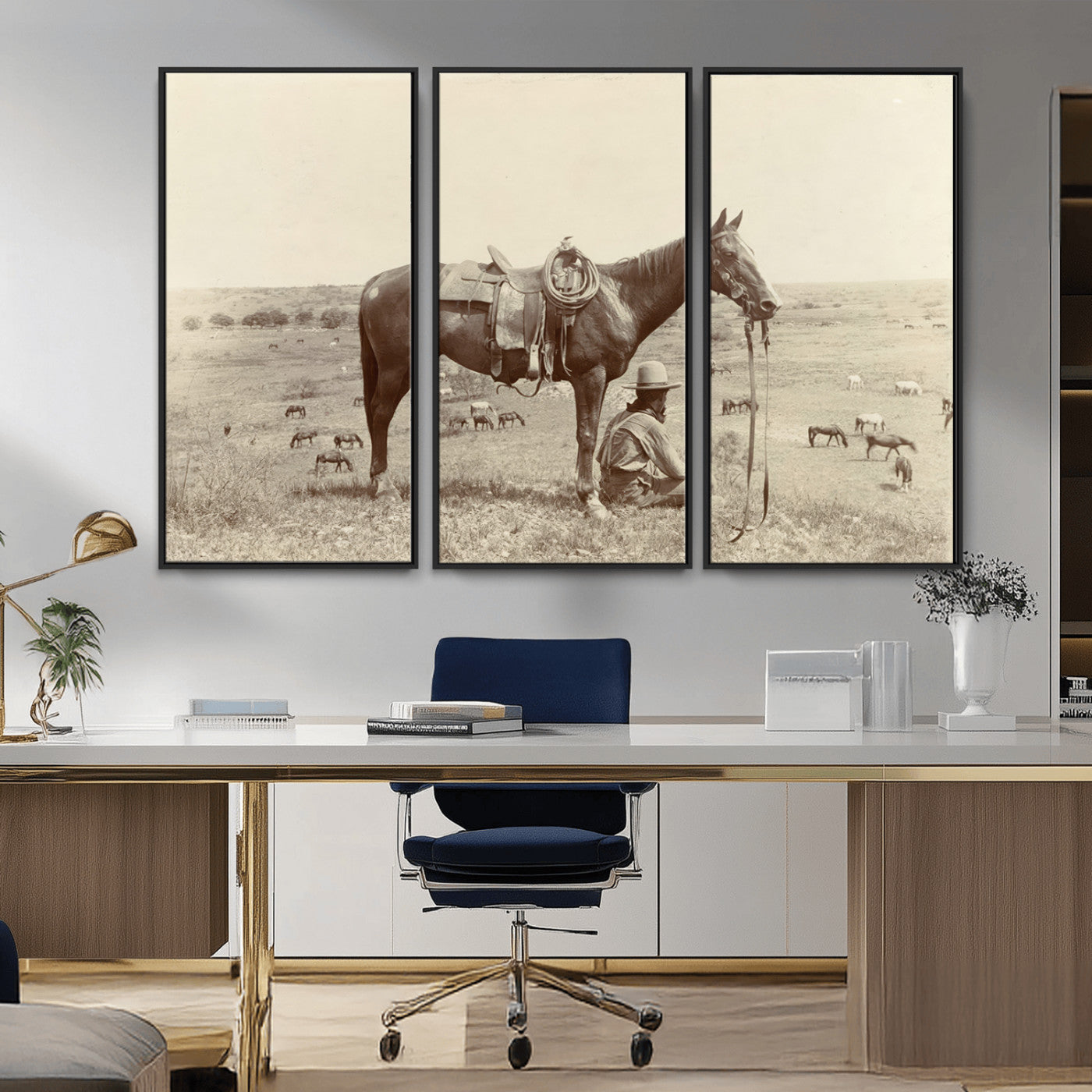 MGV-FC-48X32-3P - Cowboy Wall Art - Western Horse Canvas Print - Vintage Western Wall Art Canvas Print, Ready to Hang
