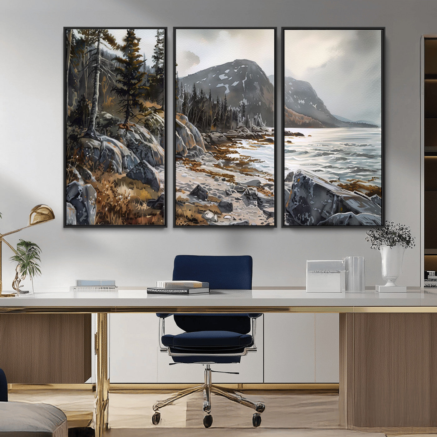 -Serene Coastal View of Acadia National Park - Stunning 3-Panel Wall Art Canvas Print, Framed, Ready