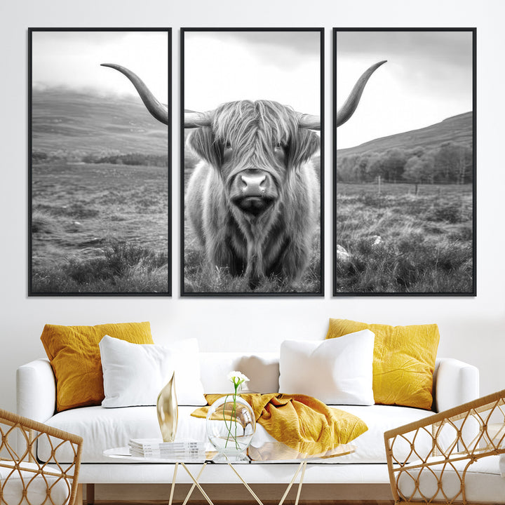 Black White Scottish Highland Cow Canvas Farm Wall Art Canvas Print