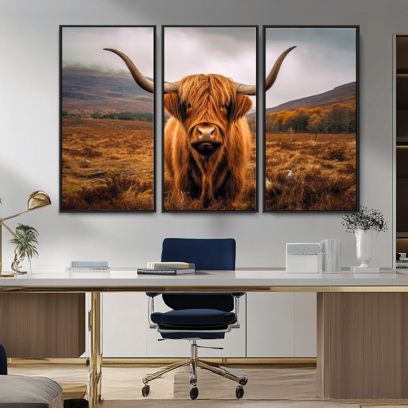 -Highland Cow Longhorn Wall Art – Rustic Canvas Print, Framed and Ready to Hang for Farmhouse Décor