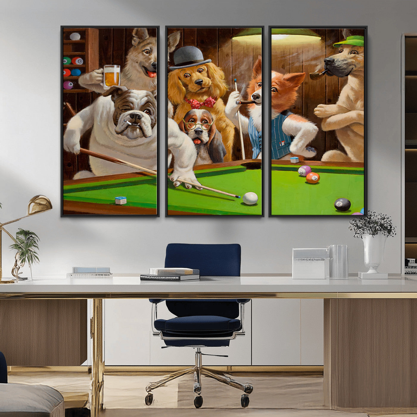 MGV-FC-48X32-3P - Dogs Playing Pool Canvas Wall Art Funny Gifts Dog Print